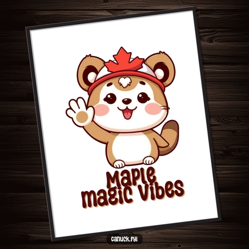Funny Poster: Cute animal wearing a maple leaf hat, waving enthusiastically, perfect for cheerful and festive decor.