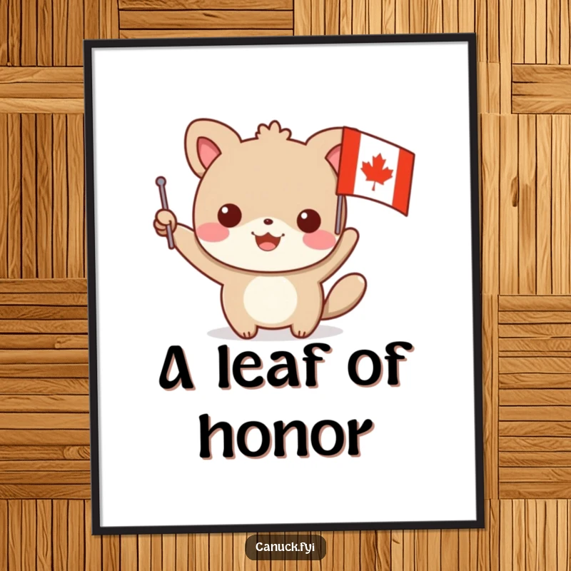 Funny animal poster with a character waving a small flag featuring a maple leaf design, conveying humorous patriotic pride, ideal for wall art.