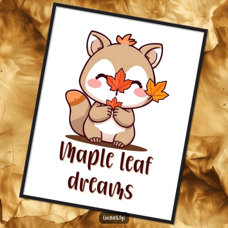 Funny poster art of an animal character proudly holding a miniature red maple leaf, celebrating Canadian heritage with a smile.