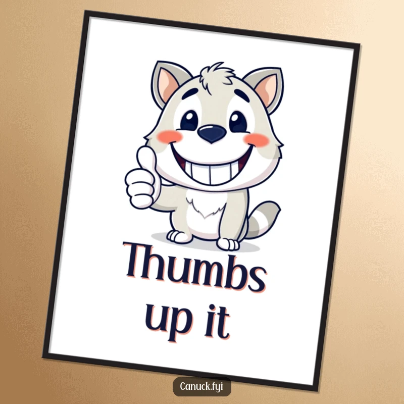 Funny poster art of a happy animal mascot giving a wide grin and a thumbs up, uplifting funny gift.