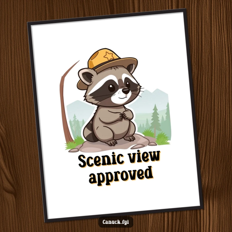 Funny park ranger raccoon poster, small, round, wearing a hat, surveying a scenic view, cute and whimsical art.