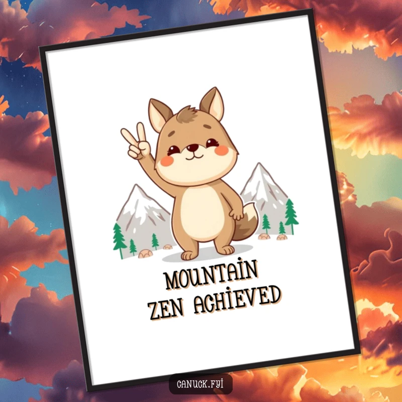 Funny animal poster, peace sign gesture, stylized mountains, serene wall art, perfect for creating a calming atmosphere, an inspiring gift.