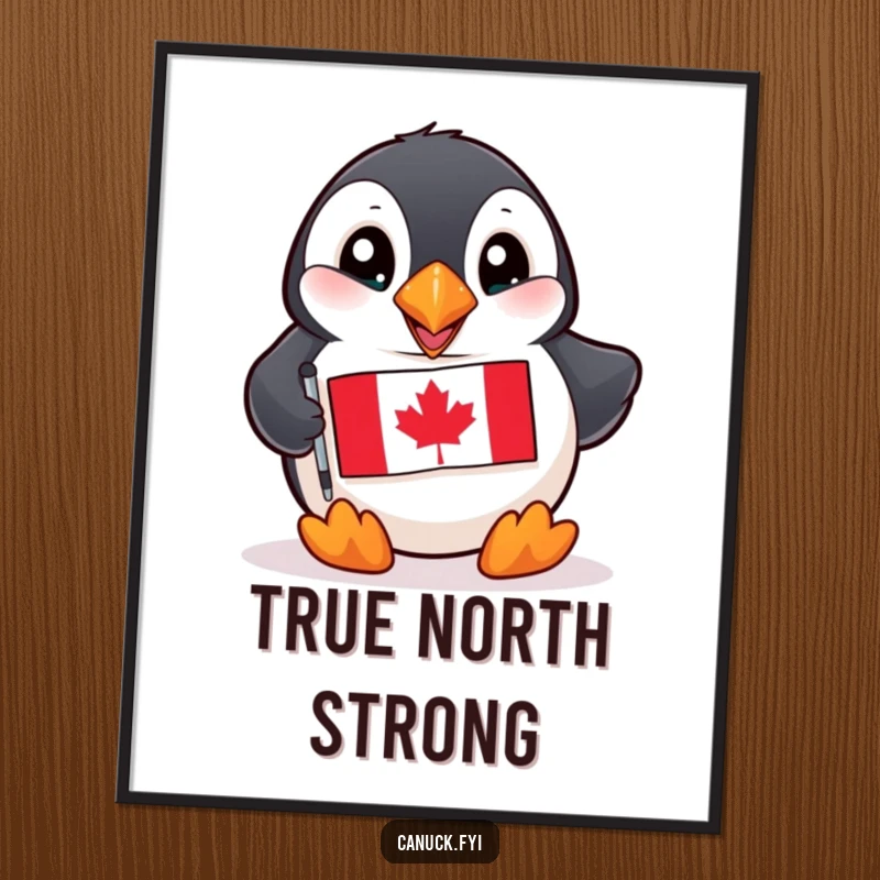 Funny Puffin Poster: A playful puffin with vibrant eyes holds a miniature Canadian flag, adding whimsical art.