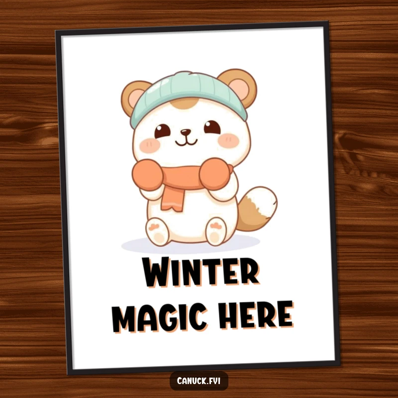 Funny poster art of a cheerful animal character wearing mittens, happily catching soft falling snowflakes, a delightful winter scene.