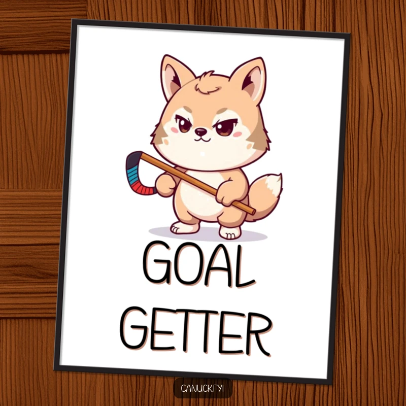 Funny poster art of a determined animal pal with a tiny hockey stick, sports decor, perfect funny gift.