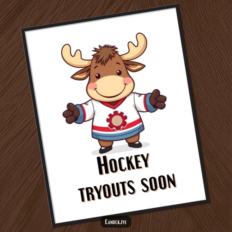 Funny poster art of a moose with a wide grin, comically struggling to get into a hockey jersey.