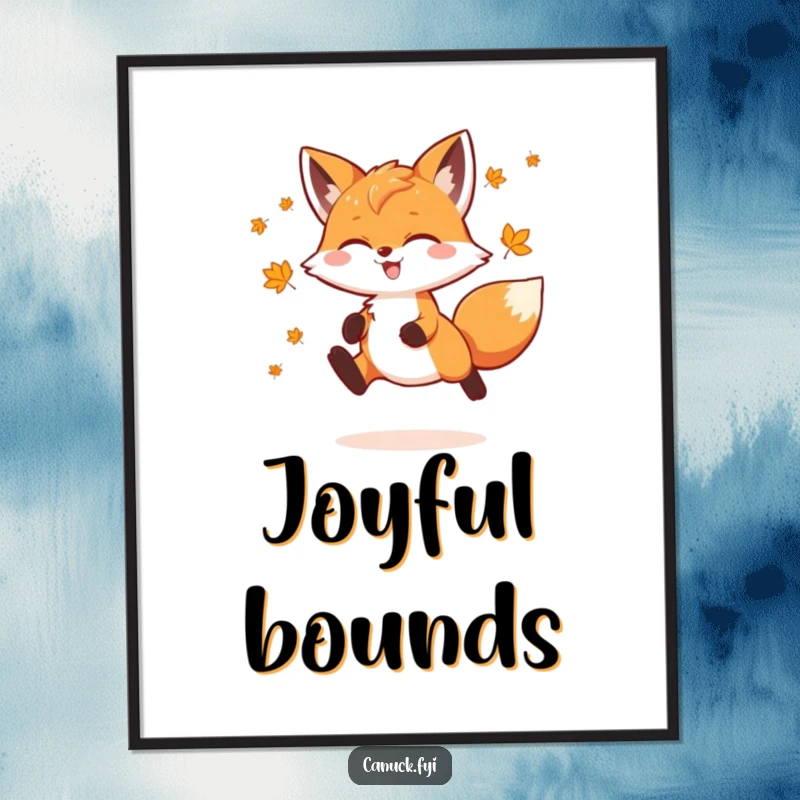Funny Fox Poster showing a playful fox doing a joyful leap, decorated with tiny maple leaves, perfect for whimsical and cheerful wall decor.