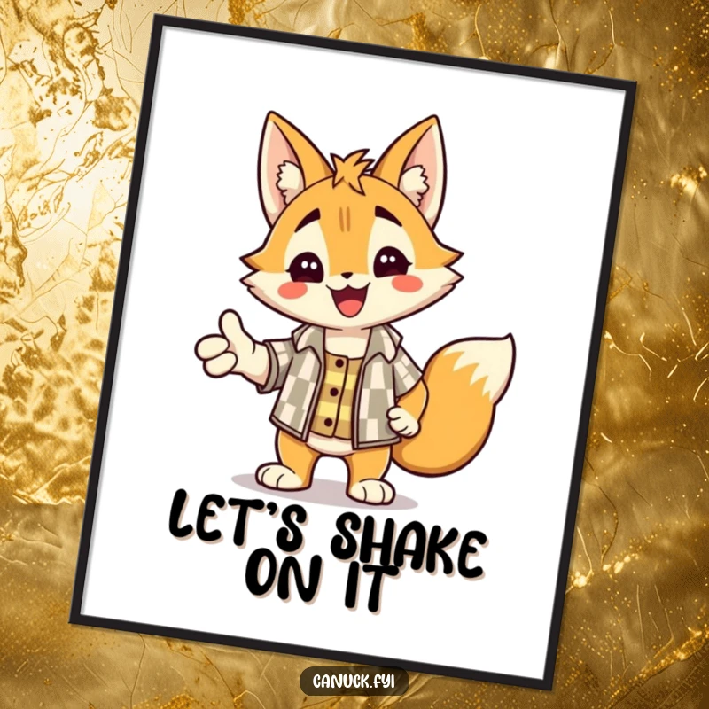 Funny poster art of a delighted lynx in a checkered shirt, extending a paw for a friendly, warm handshake.