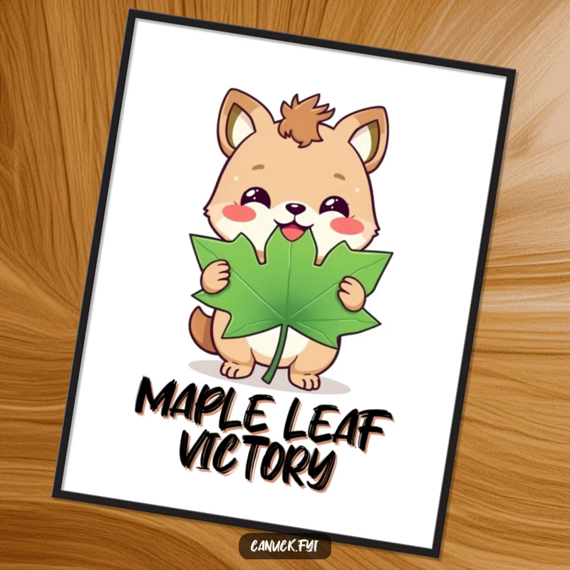 Funny poster art of a happy animal with a triumphant smirk, holding a giant maple leaf, celebrating Canadian spirit.