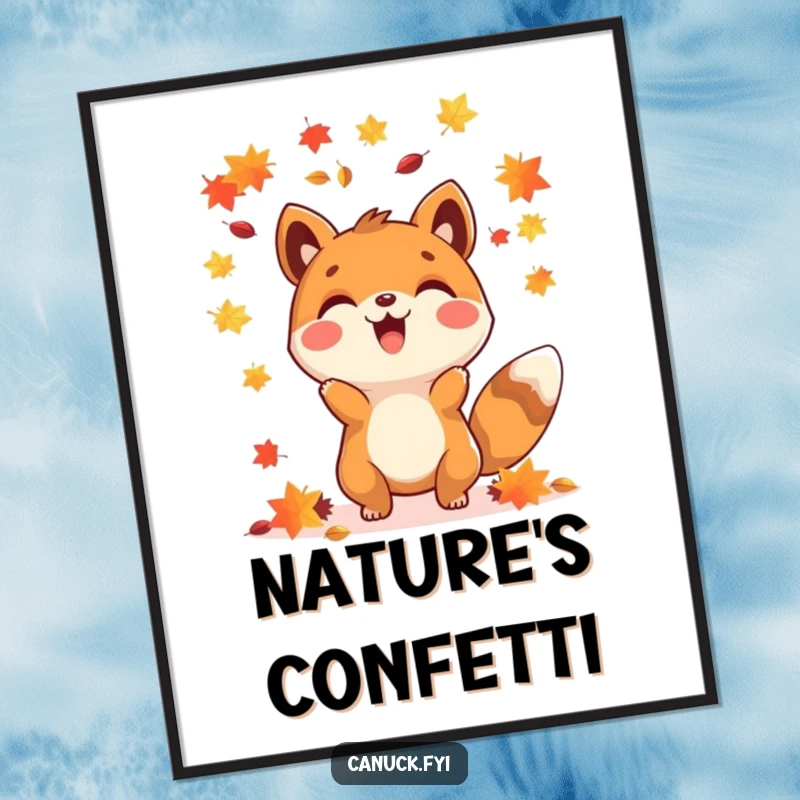 Funny happy animal maple seed poster, celebrating the vibrant colors and joy of autumn indoors.