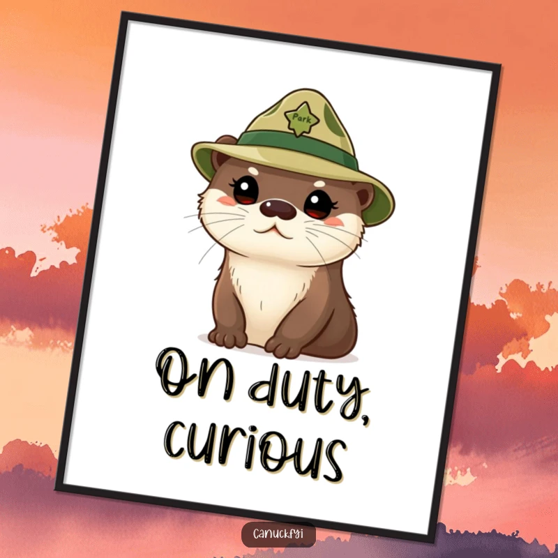 Funny curious otter poster, cute otter wearing a tiny park ranger hat, looking inquisitive, nature themed wall art.