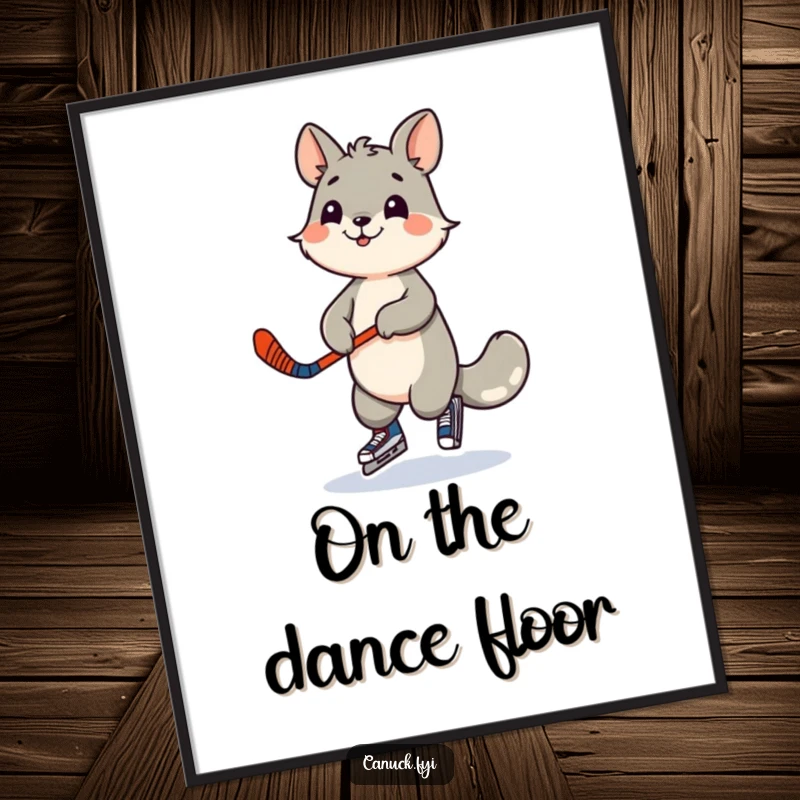 Funny poster of a playful animal character dancing energetically with a miniature hockey stick. Captures sportsmanship and fun.