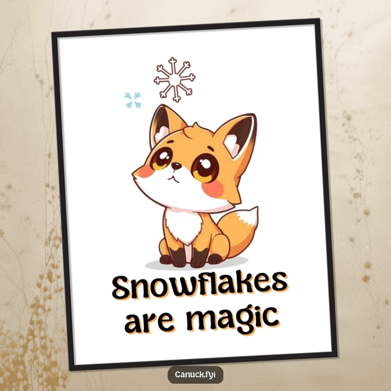 Funny poster featuring a curious fox with large, wondering eyes looking up at a stylized snowflake falling in a winter scene.