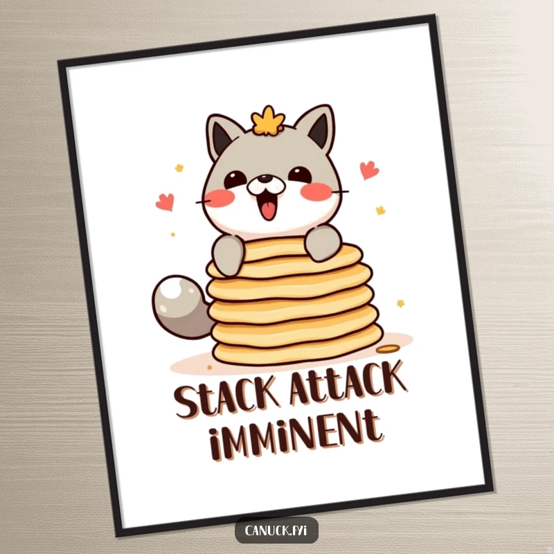 Funny Canadian animal character poster, attempting to balance a tall stack of pancakes, humorous wall decor.