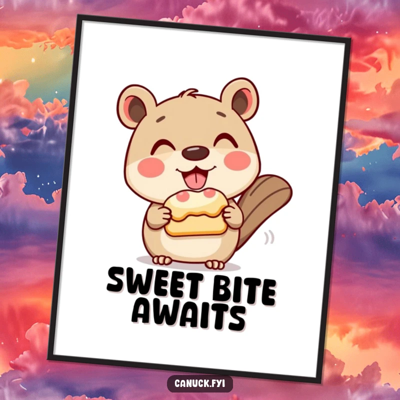 Funny poster featuring a grinning animal character politely presenting a beaver tail pastry, adding a delightful touch.