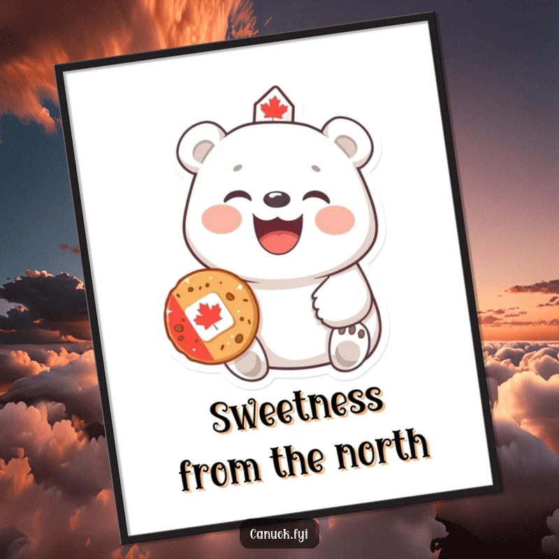 Funny Polar Bear Poster: A cheerful polar bear with a big laugh offers a Canadian cookie, creating a scene of sweet, welcoming humor.