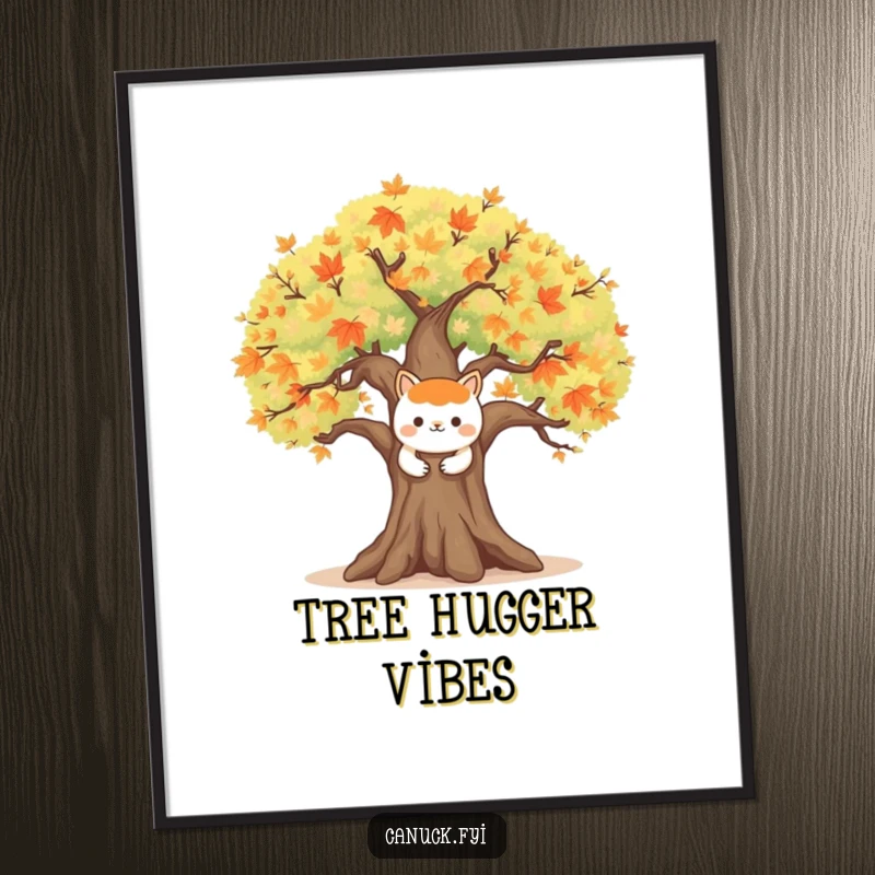 Funny poster art showing a happy animal character embracing a large, symbolic maple tree, celebrating the harmony of nature.