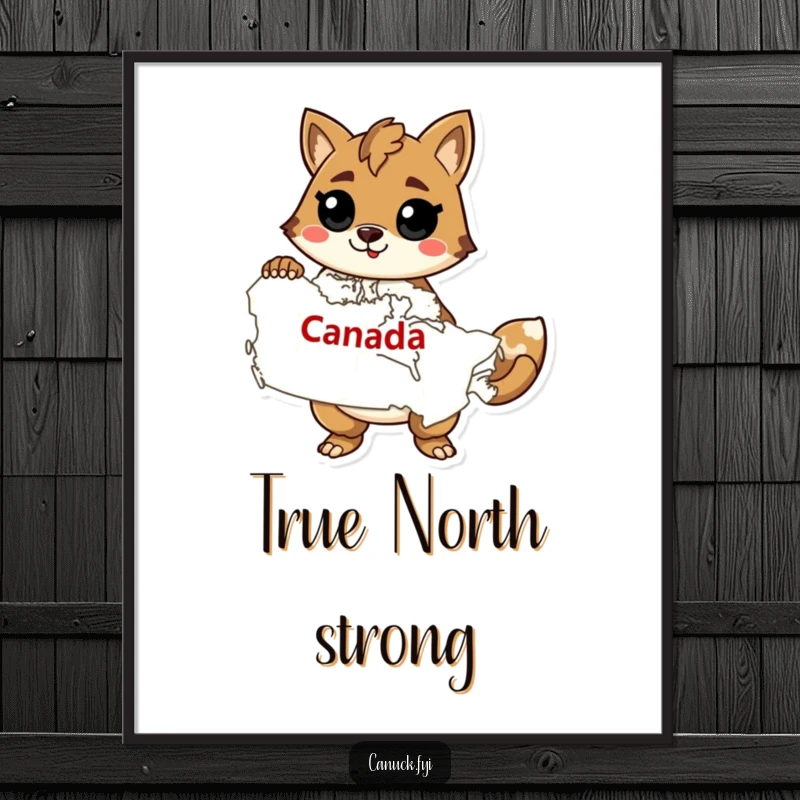 Funny poster art of a stylized animal striking a confident pose with a map of Canada, celebrating exploration.