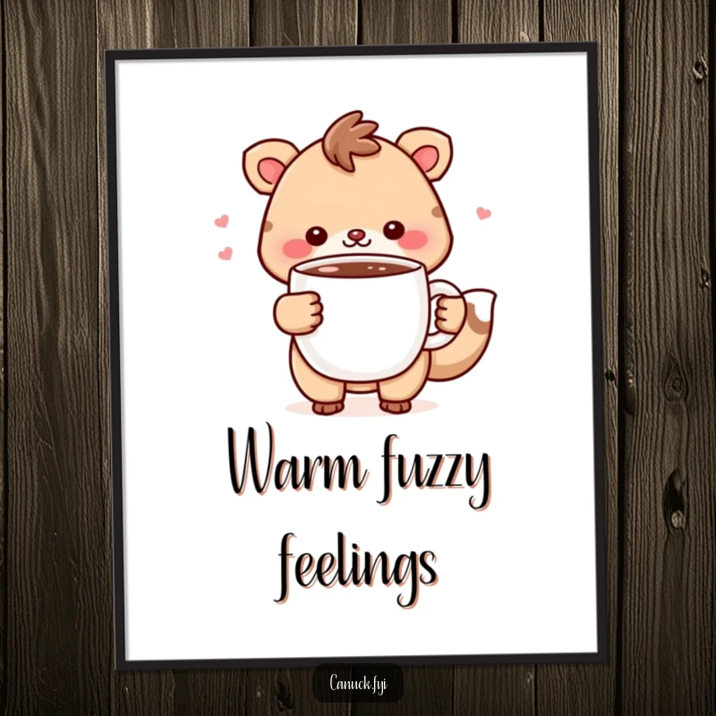 Funny Poster: Cheerful animal character holds a steaming mug of hot chocolate, bringing cozy vibes and smiles to walls.