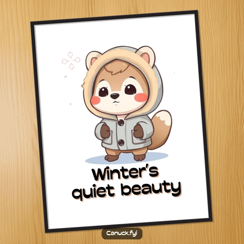 Funny Poster: Curious animal in a parka intently studies a snowflake, bringing serene winter charm to any space.