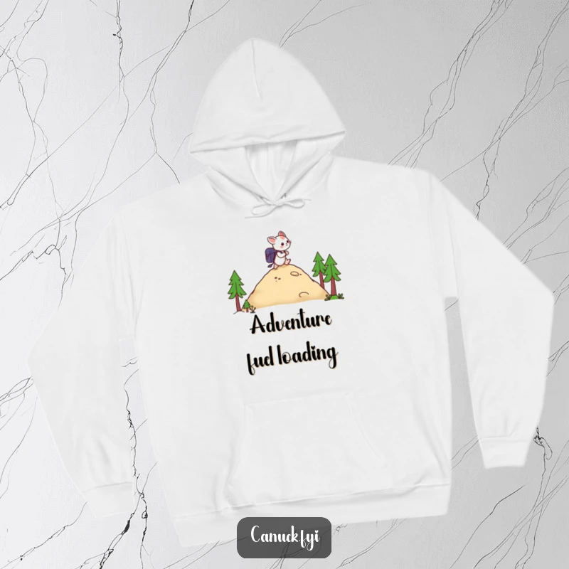 Funny hoodie showing a creature with a backpack ascending a small hill, a cozy and humorous take on hiking.