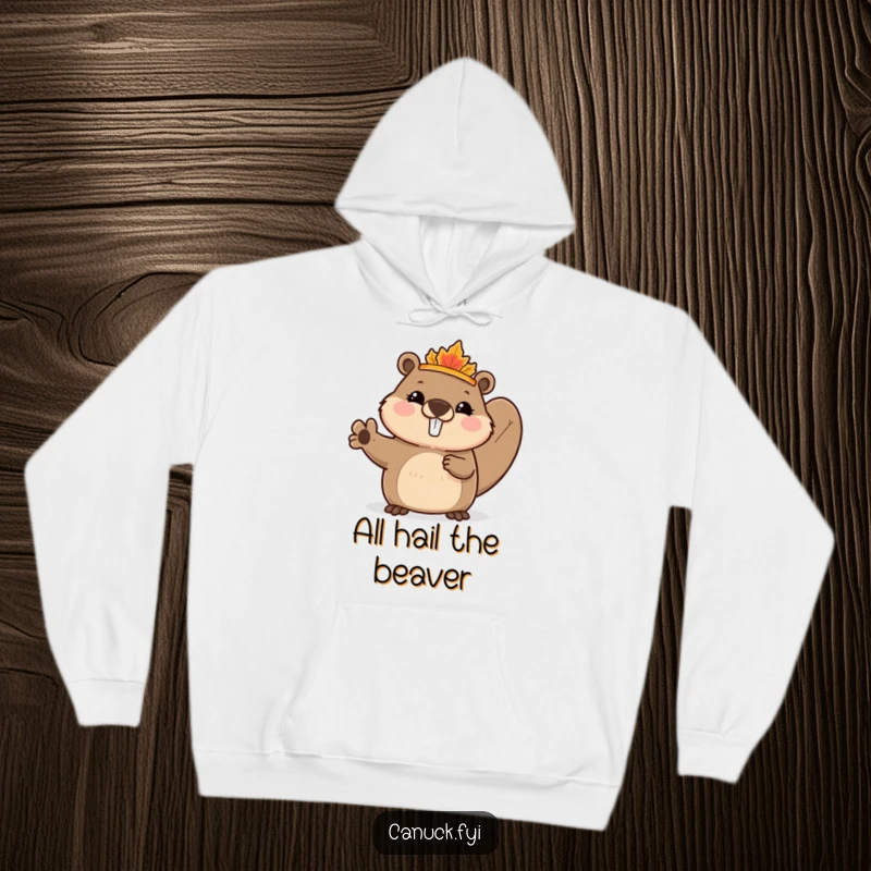 Funny Beaver Hoodie showing a cute beaver wearing a tiny maple leaf crown, enthusiastically waving, offering warmth and Canadian-themed charm.
