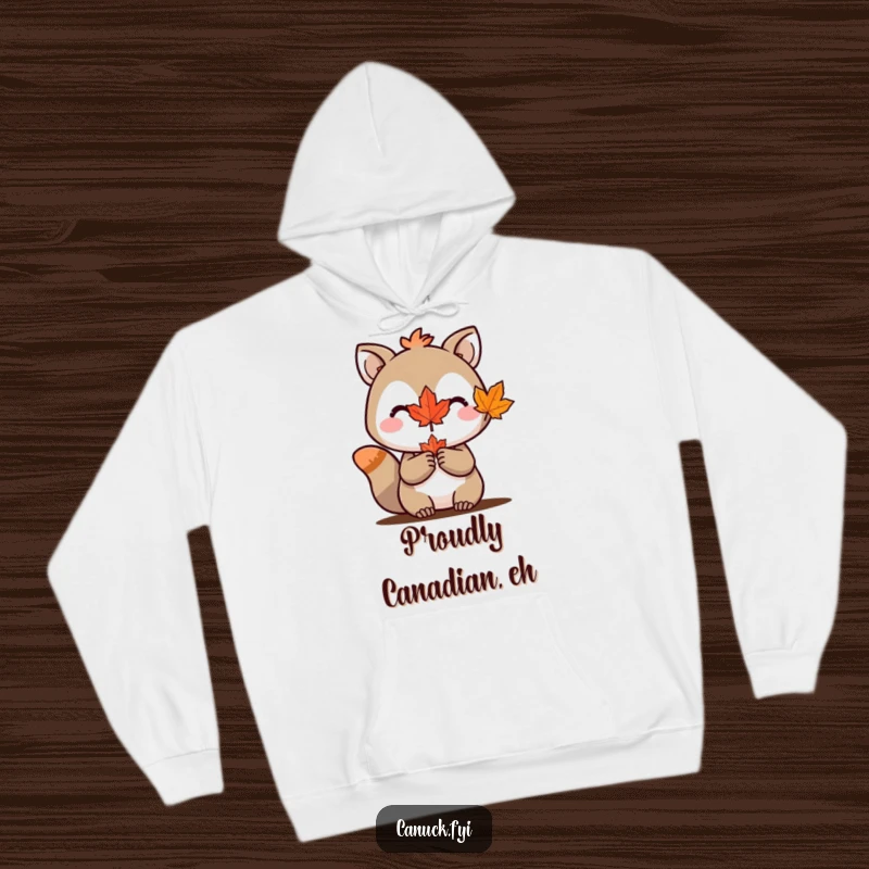 Funny hoodie showing an animal character proudly clutching a small maple leaf, embodying Canadian warmth and spirit.