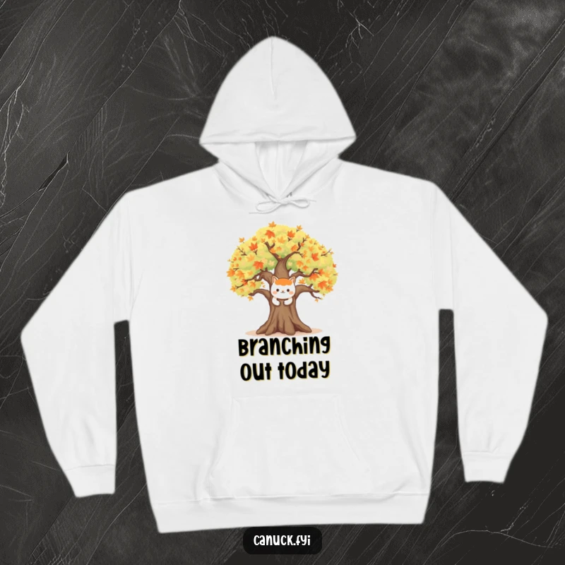 Funny hoodie depicting a happy animal character embracing a large, symbolic maple tree, perfect for cozy outdoor adventures.