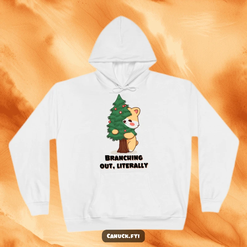 Funny hoodie with a cartoon animal embracing a stylized pine tree, offering warmth and a humorous nod to nature.