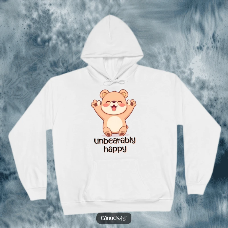 Funny hoodie with a happy bear character enthusiastically cheering with both paws up, cozy celebratory funny gift.