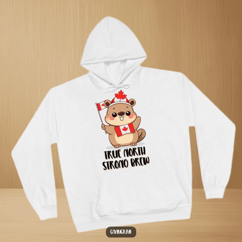 Funny cute beaver hoodie, maple leaf hat, waving Canadian flag design, comfortable and warm, a perfect Canadian themed gift.