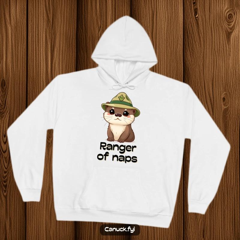 Funny curious otter hoodie, cute otter wearing a tiny park ranger hat, looking inquisitive, cozy apparel.