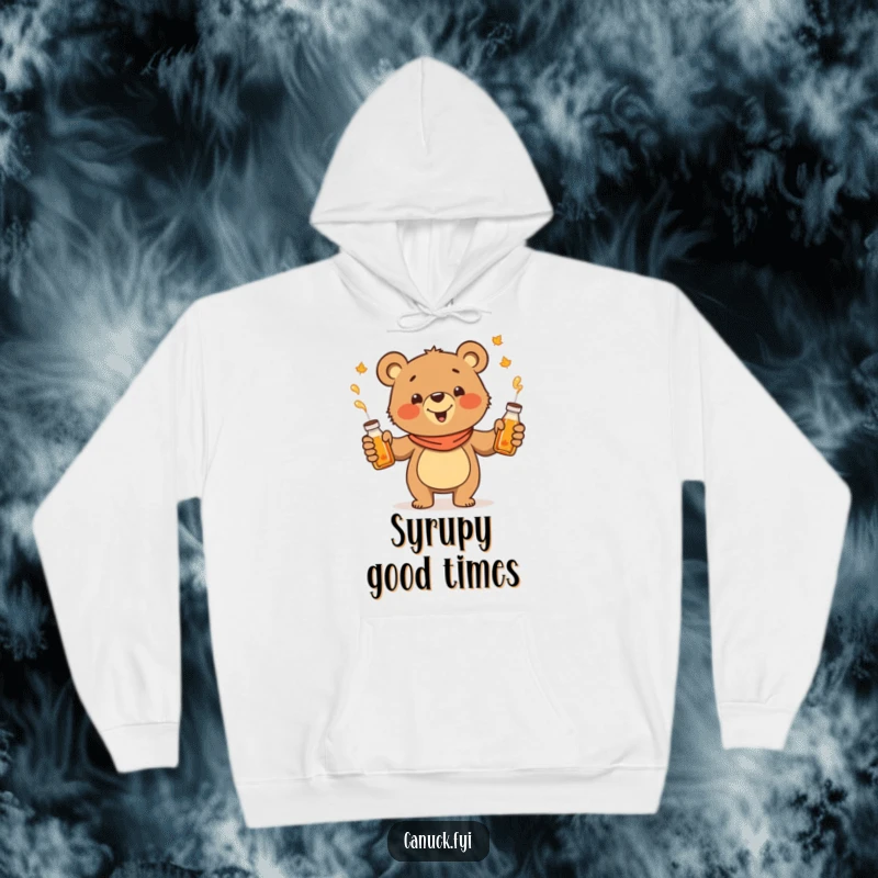 Funny juggling bear hoodie, cheerful cartoon bear juggling maple syrup bottles, cozy and warm apparel.