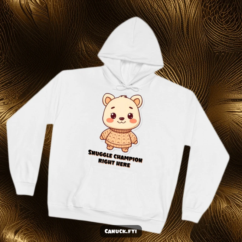 Funny hoodie featuring a smiling animal character proudly wearing a snug, knitted sweater. Perfect for staying warm and looking good.