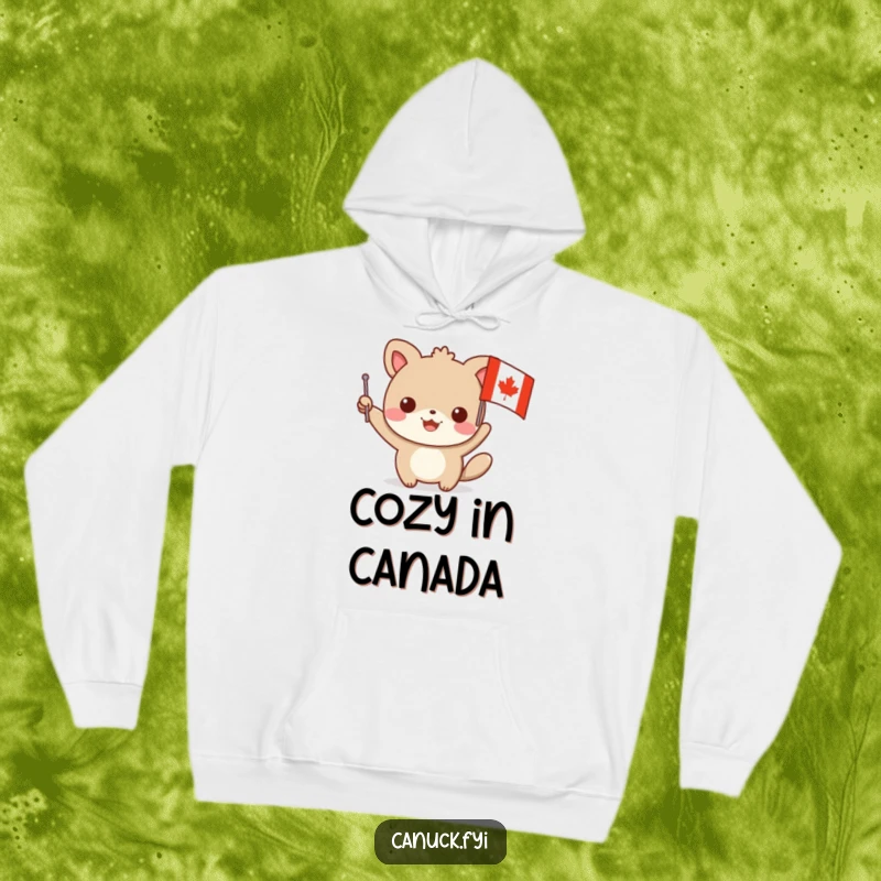 Funny animal hoodie depicting a character waving a small flag with a maple leaf design, offering warm comfort and a humorous, patriotic aesthetic.