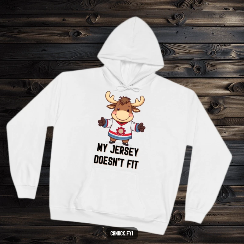 Funny hoodie depicting a moose hilariously failing to put on a hockey jersey, symbolizing effort and humor.