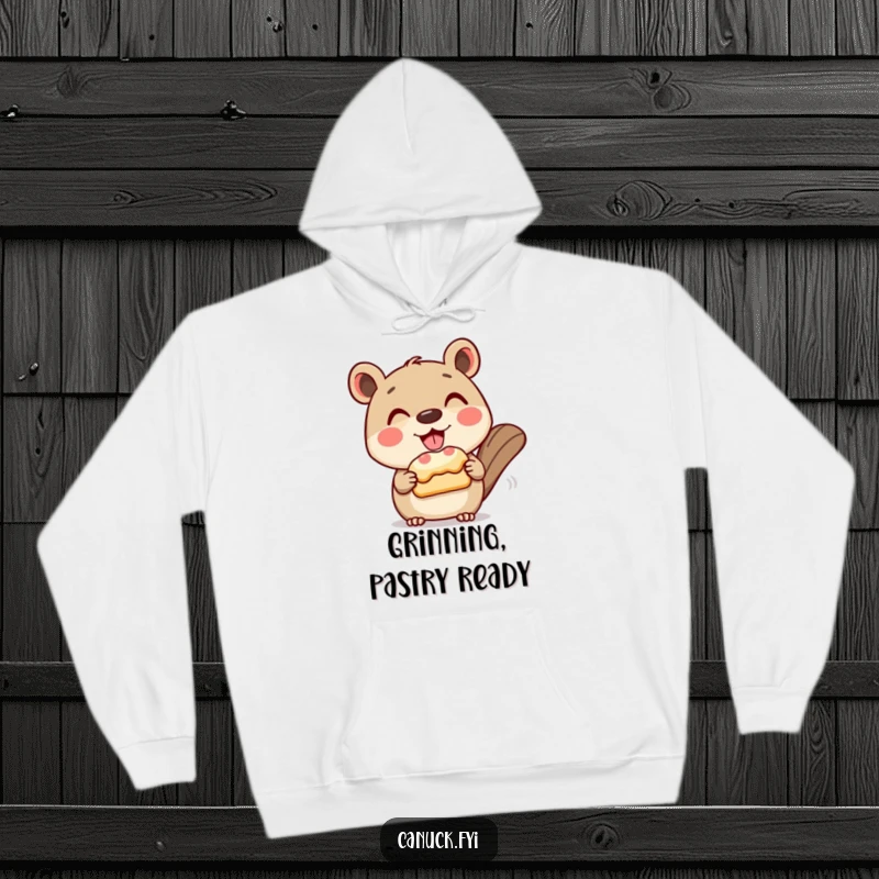 Funny hoodie depicting a grinning animal character politely presenting a beaver tail pastry, perfect for a cozy and sweet look.