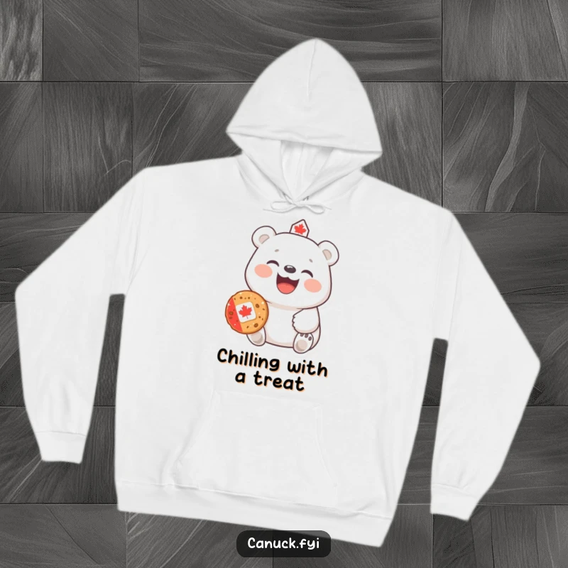 Funny Polar Bear Hoodie: A laughing polar bear offers a Canadian cookie, providing a humorous and warm apparel choice.