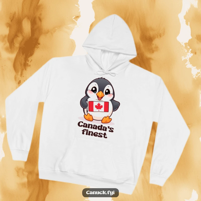 Funny Puffin Hoodie: A playful puffin with bright eyes clutches a miniature Canadian flag, offering cozy humor.