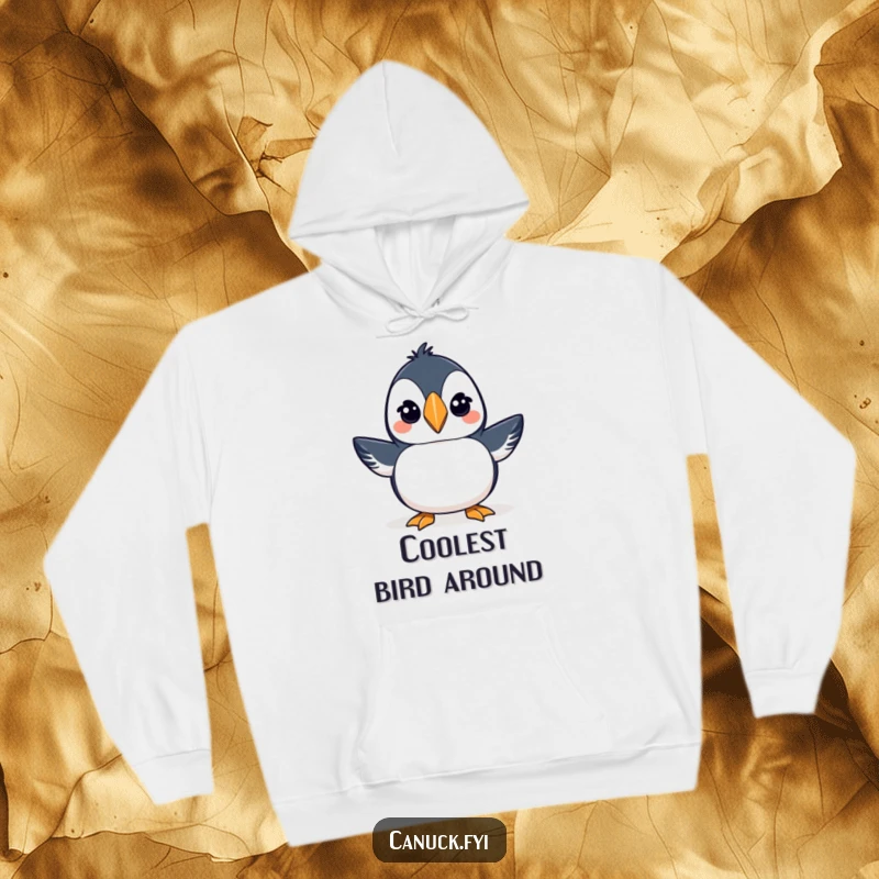 Funny hoodie design of a proud puffin sporting a small toque and delivering a knowing wink.