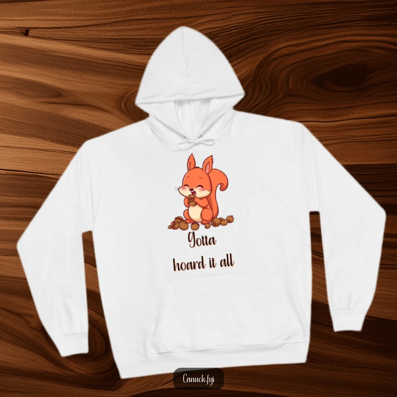Funny Hoodie design of a red squirrel with cheeks comically stuffed full of acorns, embodying excited preparation.