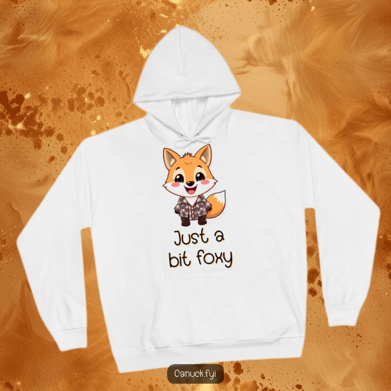 Funny lumberjack fox hoodie, playful fox in checkered lumberjack shirt with a wide grin, cozy and warm apparel.