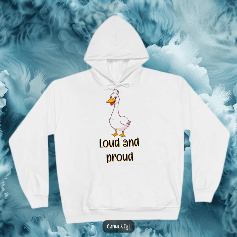 Funny Hoodie design of a goose standing proudly and honking cheerfully, conveying a sense of bold happiness.