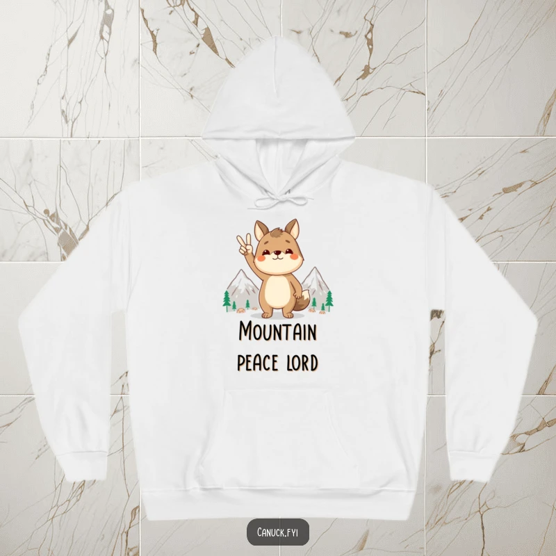 Funny animal hoodie, peace sign gesture, stylized mountains, comfortable and warm, promotes inner peace, a cozy funny gift.