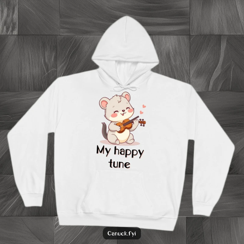 Funny hoodie with a happy animal playing a tiny fiddle, offering warmth and humorous musical vibes.