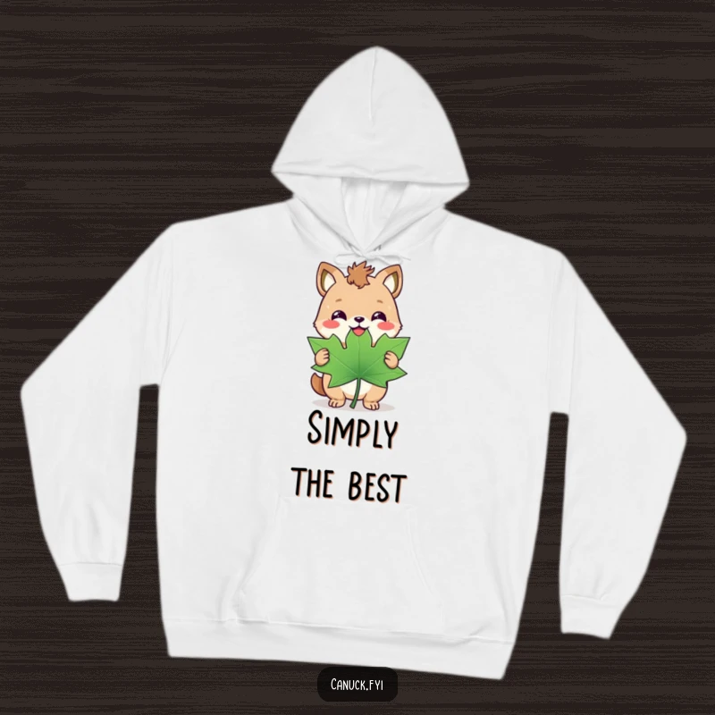 Funny hoodie featuring a happy animal with a triumphant smirk, holding a giant maple leaf, ideal for Canadians.