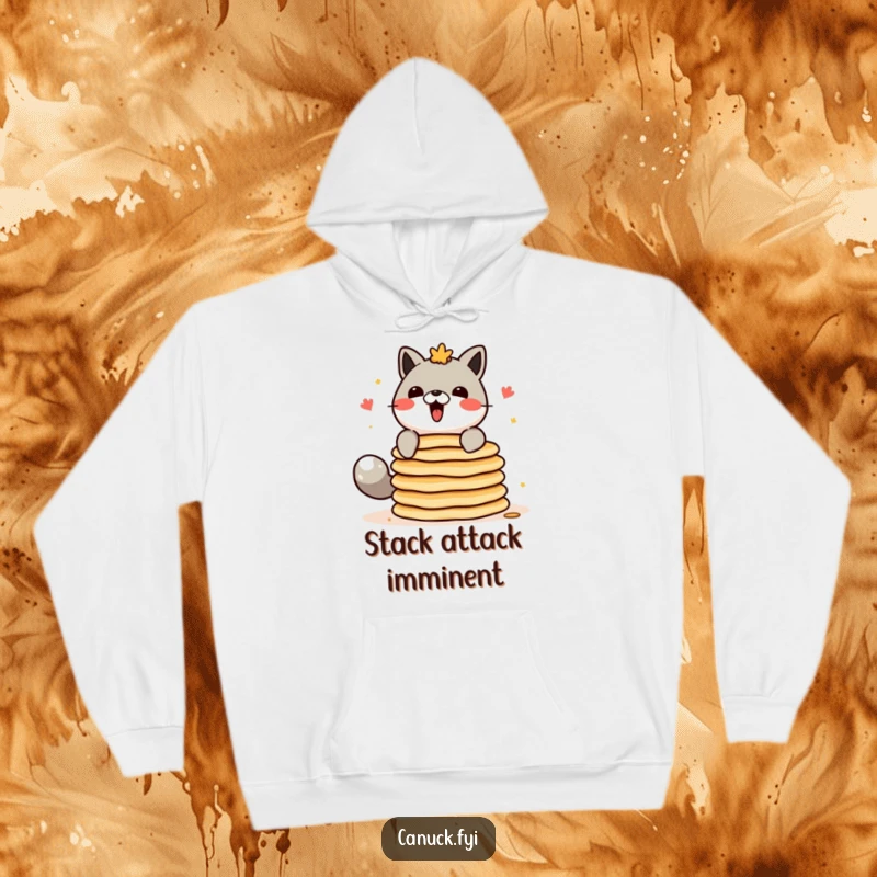 Funny Canadian animal character hoodie, attempting to balance a stack of pancakes, cozy and humorous.