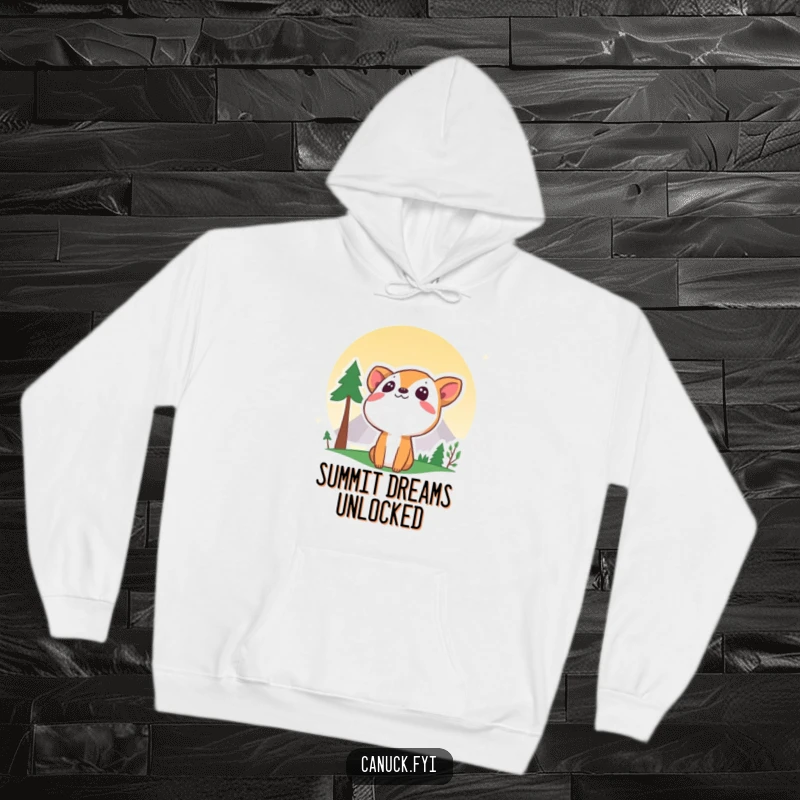 Funny curious animal hoodie gazing at a grand stylized mountain, perfect for cozying up after an outdoor expedition.