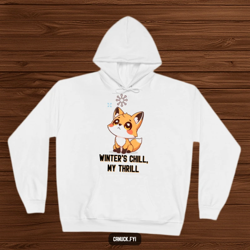 Funny hoodie depicting a curious fox with wide, amazed eyes gazing at a single, stylized snowflake drifting down.