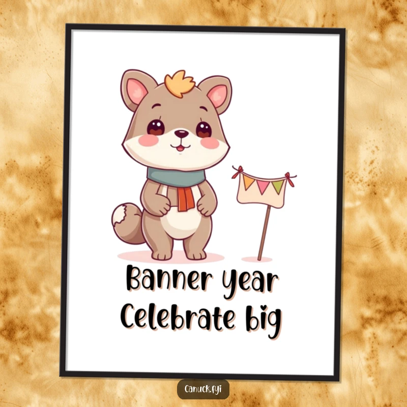 Funny Free Printable Wall Art: Proud animal character standing next to a small, festive banner, exuding accomplishment.